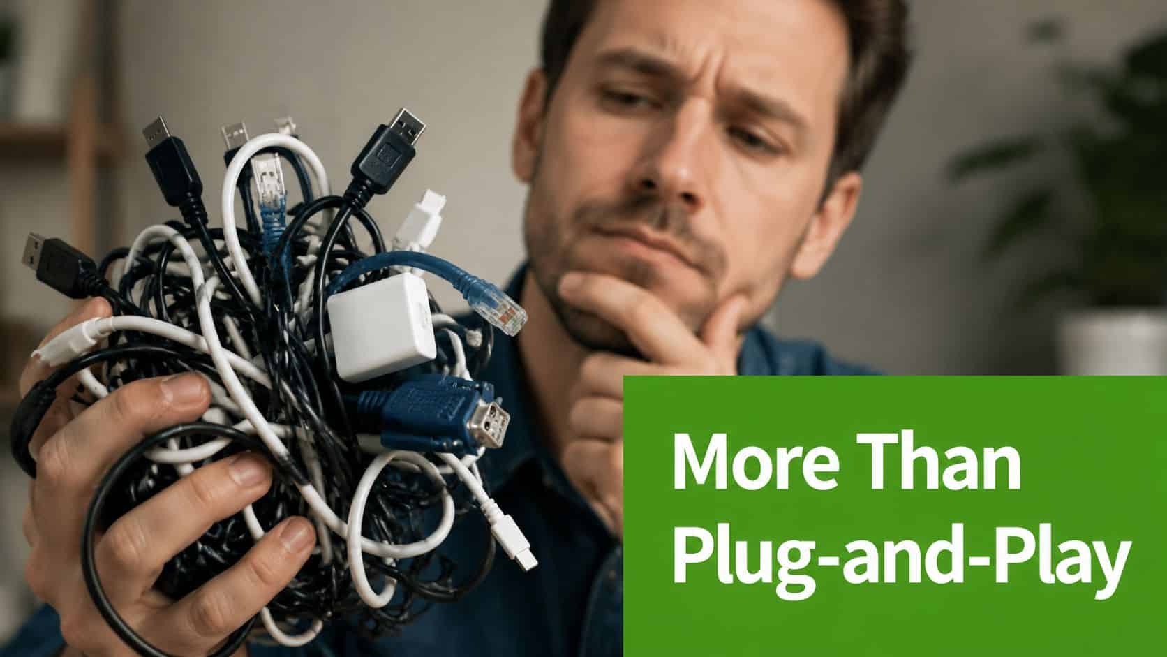 A confused man holding a large, tangled ball of various computer cables and electronic connectors.