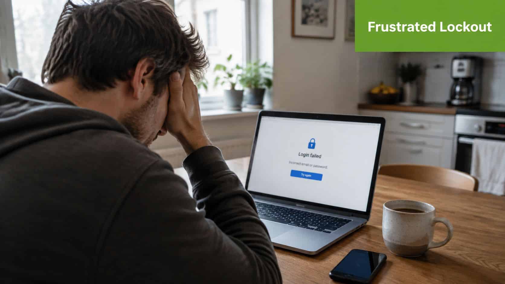 A man sitting at a wooden table looking stressed while facing a laptop screen with login error.