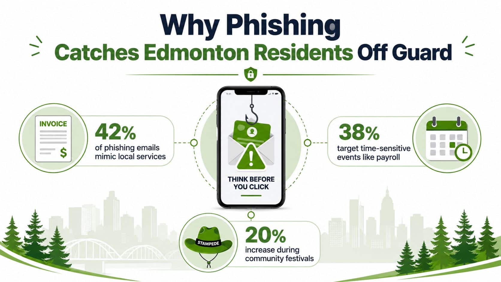 An infographic titled Why Phishing Catches Edmonton Residents Off Guard detailing phishing statistics in the city.