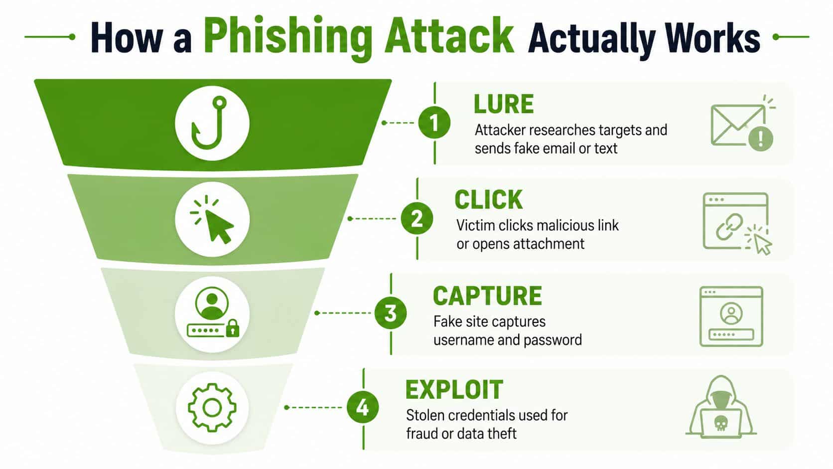 A diagram illustrating the four steps of a phishing attack: lure, click, capture, and exploit.