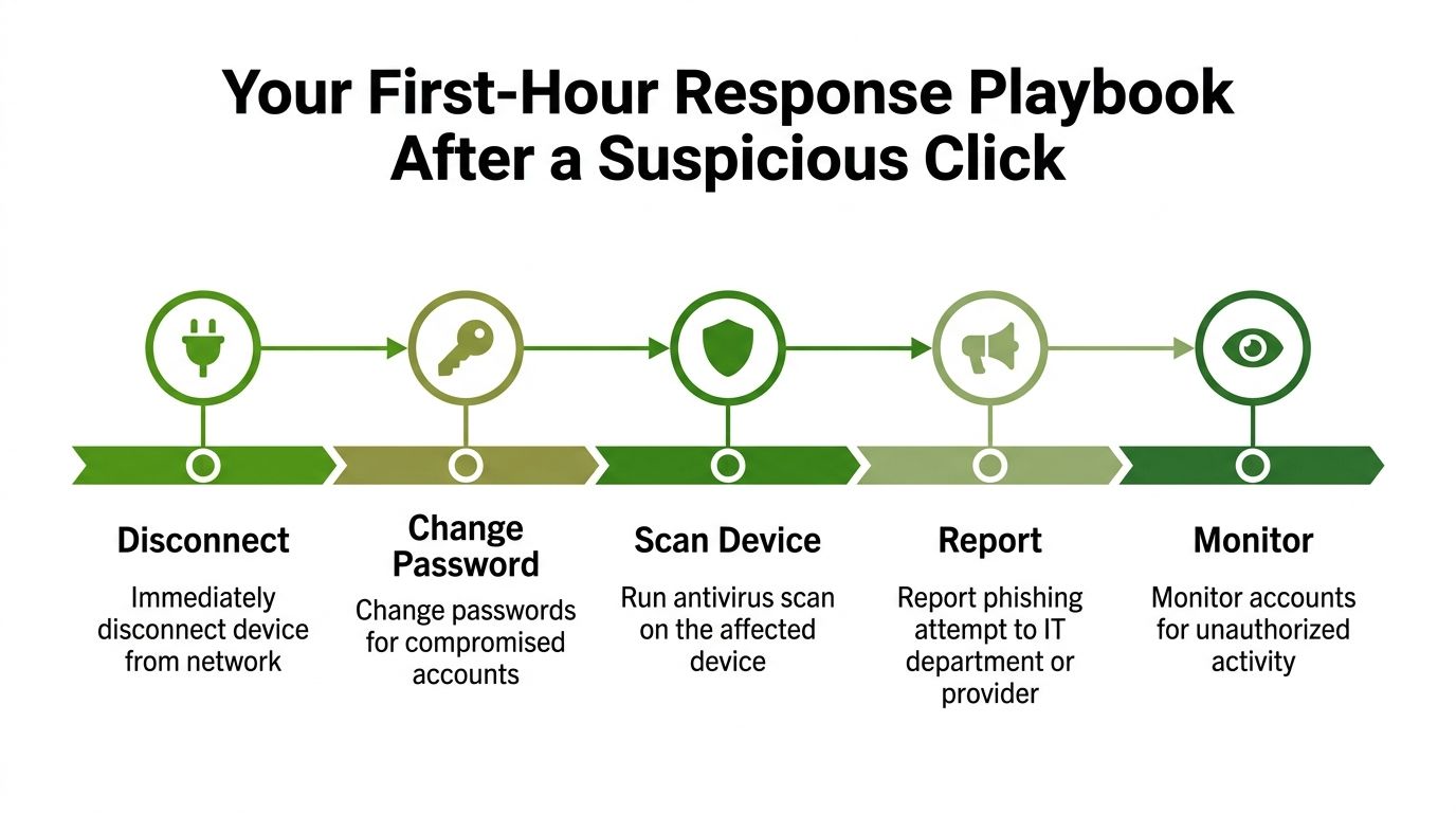 A five-step infographic guide detailing immediate actions to take after accidentally clicking on a phishing link.