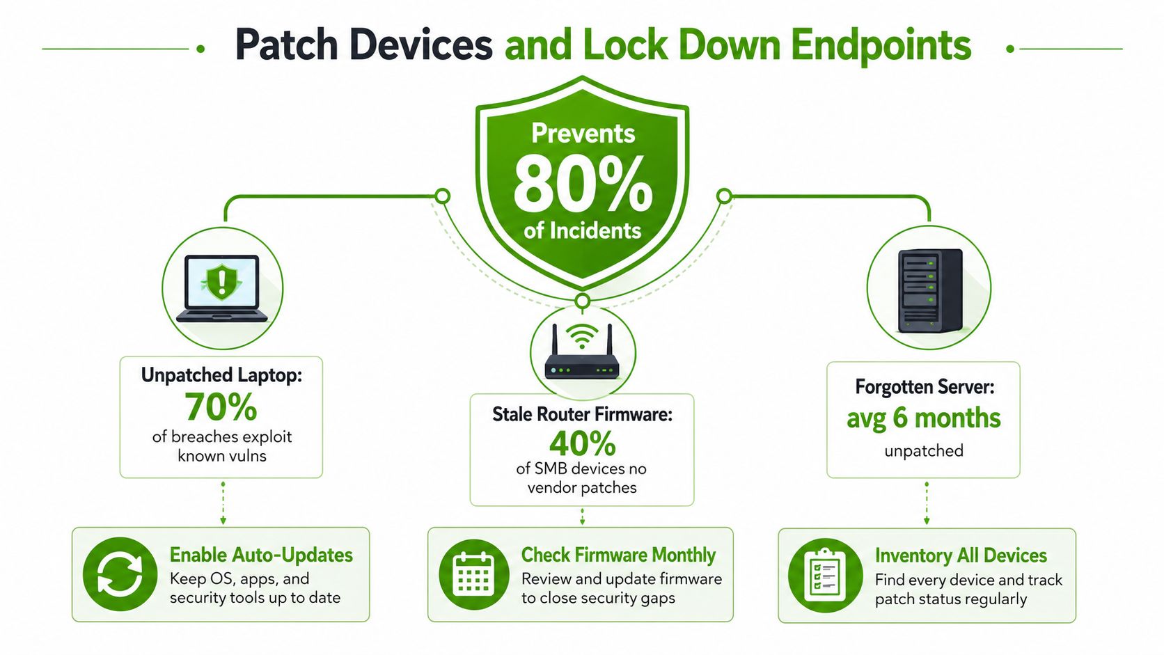 An infographic detailing how patching devices and locking down endpoints prevents 80% of security incidents.