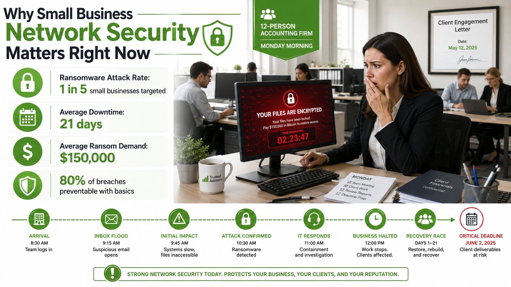 A distressed woman in an office reacting to a ransomware notification on her computer screen.