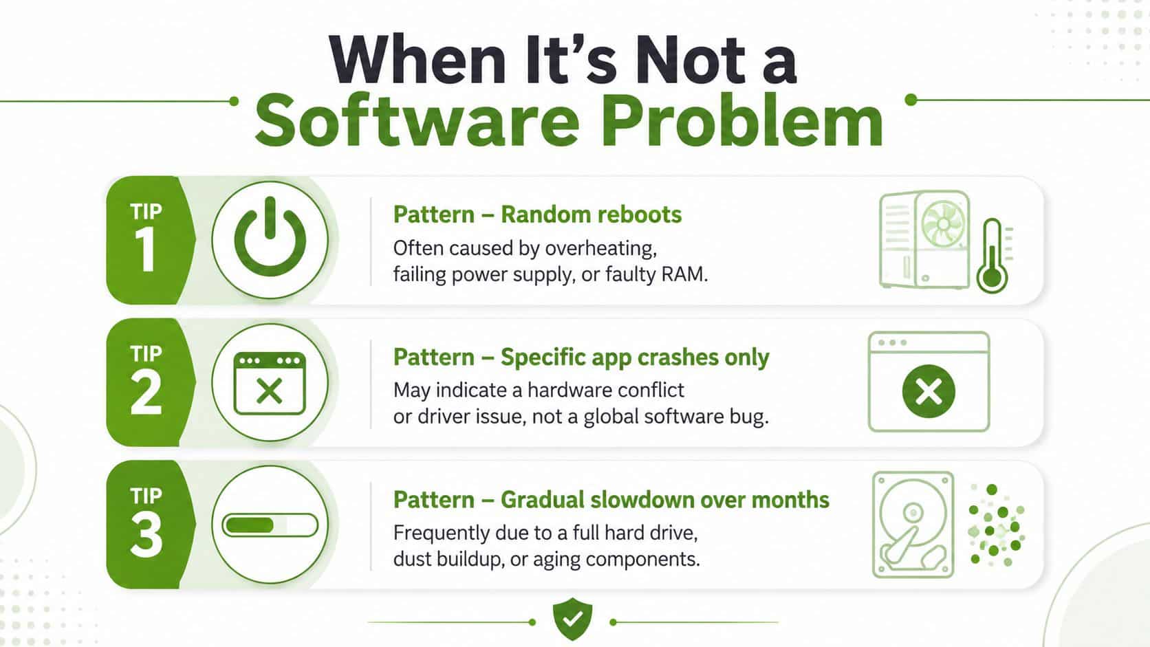 An infographic titled When It Is Not a Software Problem highlighting three hardware-related diagnostic tips.