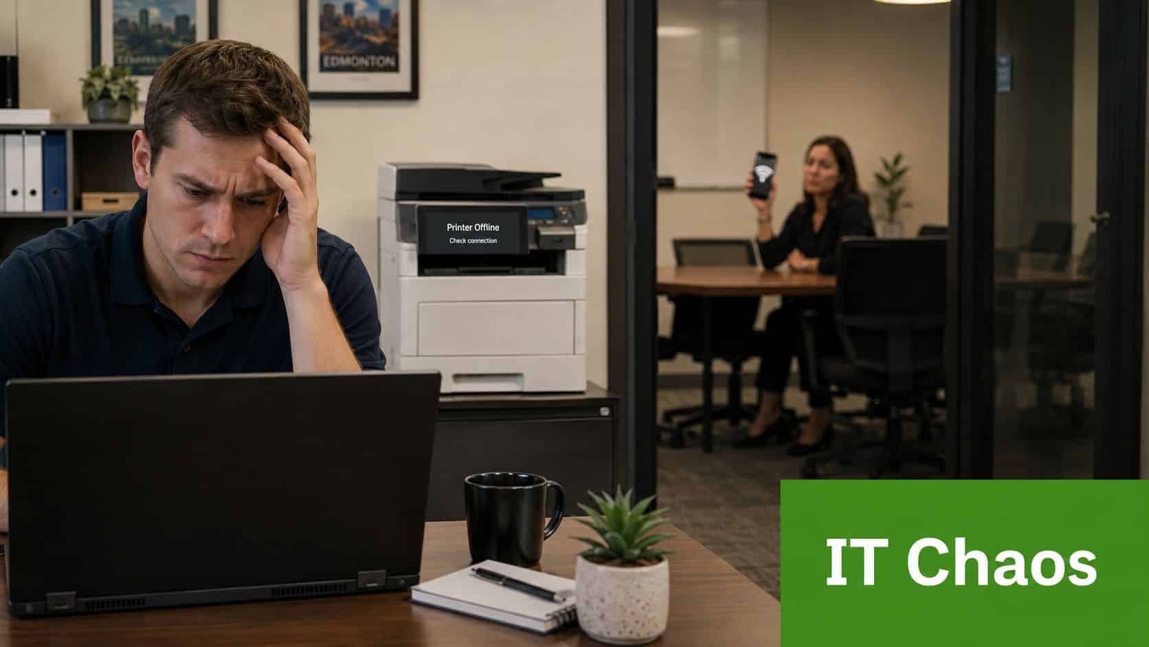 A frustrated office worker looks at a laptop while a printer shows an offline error message.