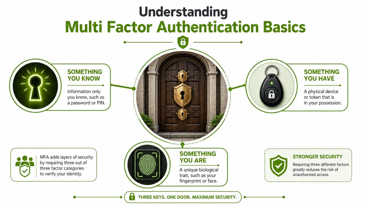 An infographic titled Understanding Multi Factor Authentication Basics illustrating the three security factors you know, have, and are.