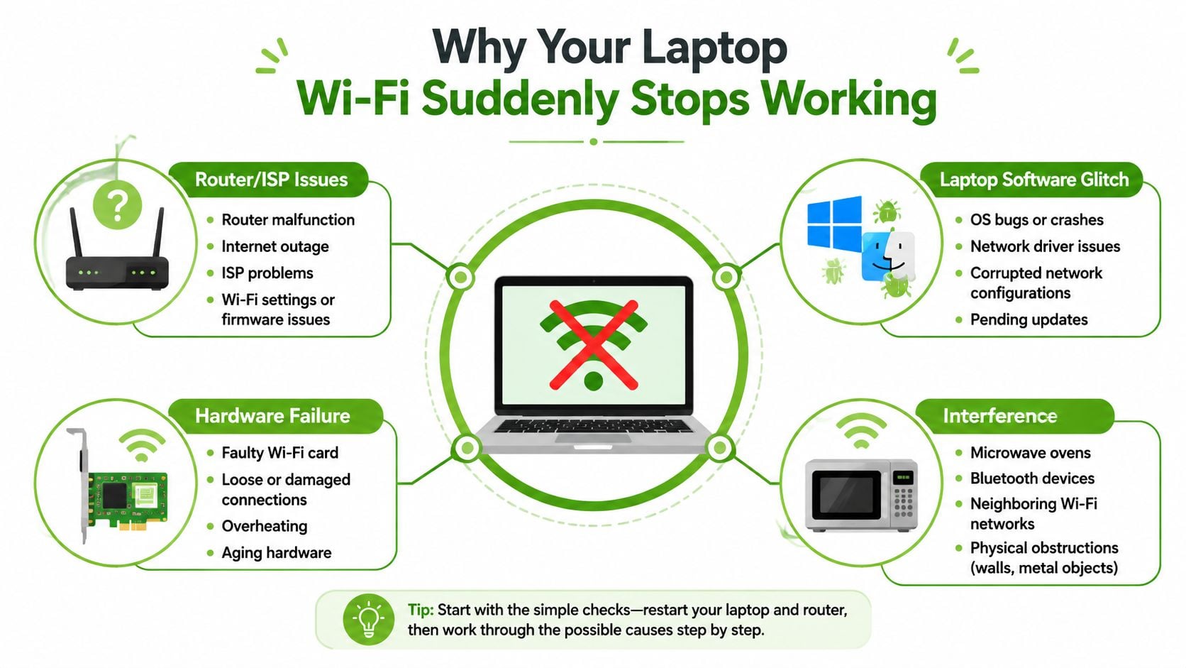 An infographic titled Why Your Laptop Wi-Fi Suddenly Stops Working showing common causes like router issues, software glitches, hardware failure, and interference.