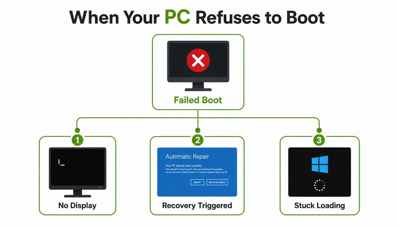 A diagram illustrating three common symptoms of a computer that fails to boot into the operating system.