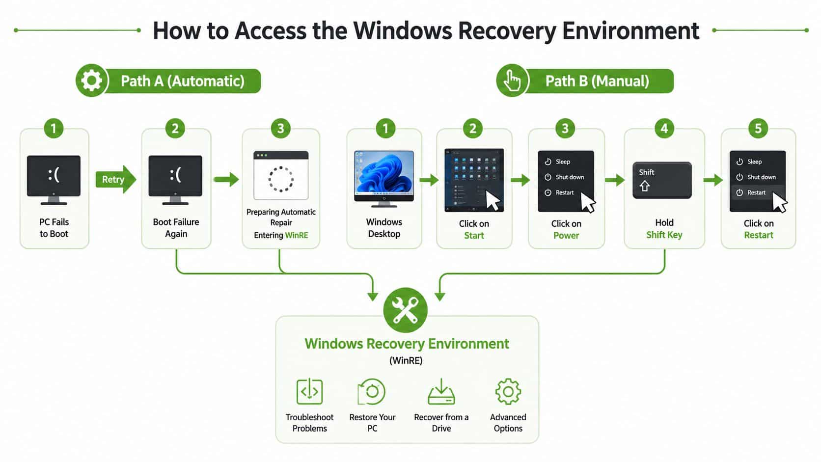 An infographic showing two methods, automatic and manual, to access the Windows Recovery Environment on a computer.