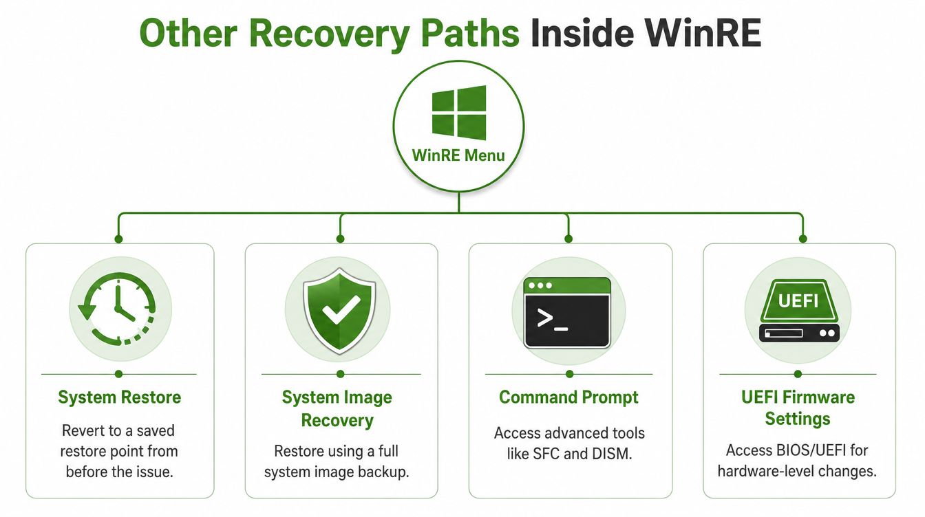 A flowchart showing different recovery options available inside the Windows Recovery Environment menu for troubleshooting.