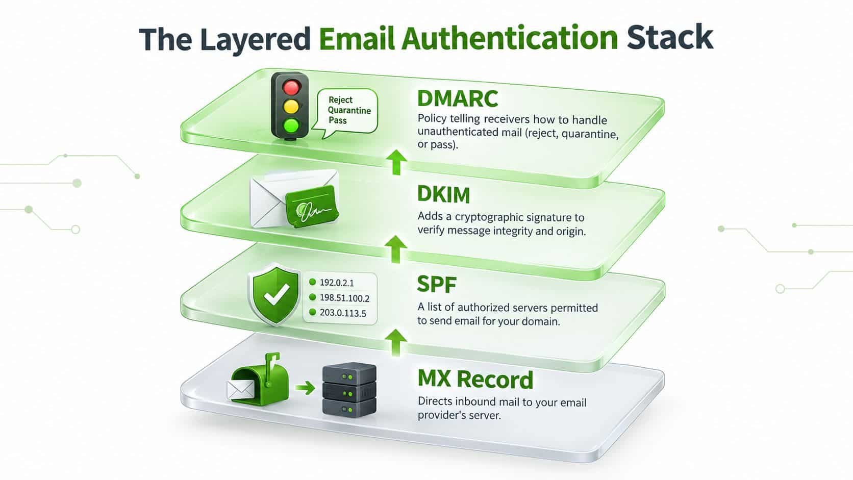 A diagram illustrating the layered email authentication stack including MX Record, SPF, DKIM, and DMARC technologies.