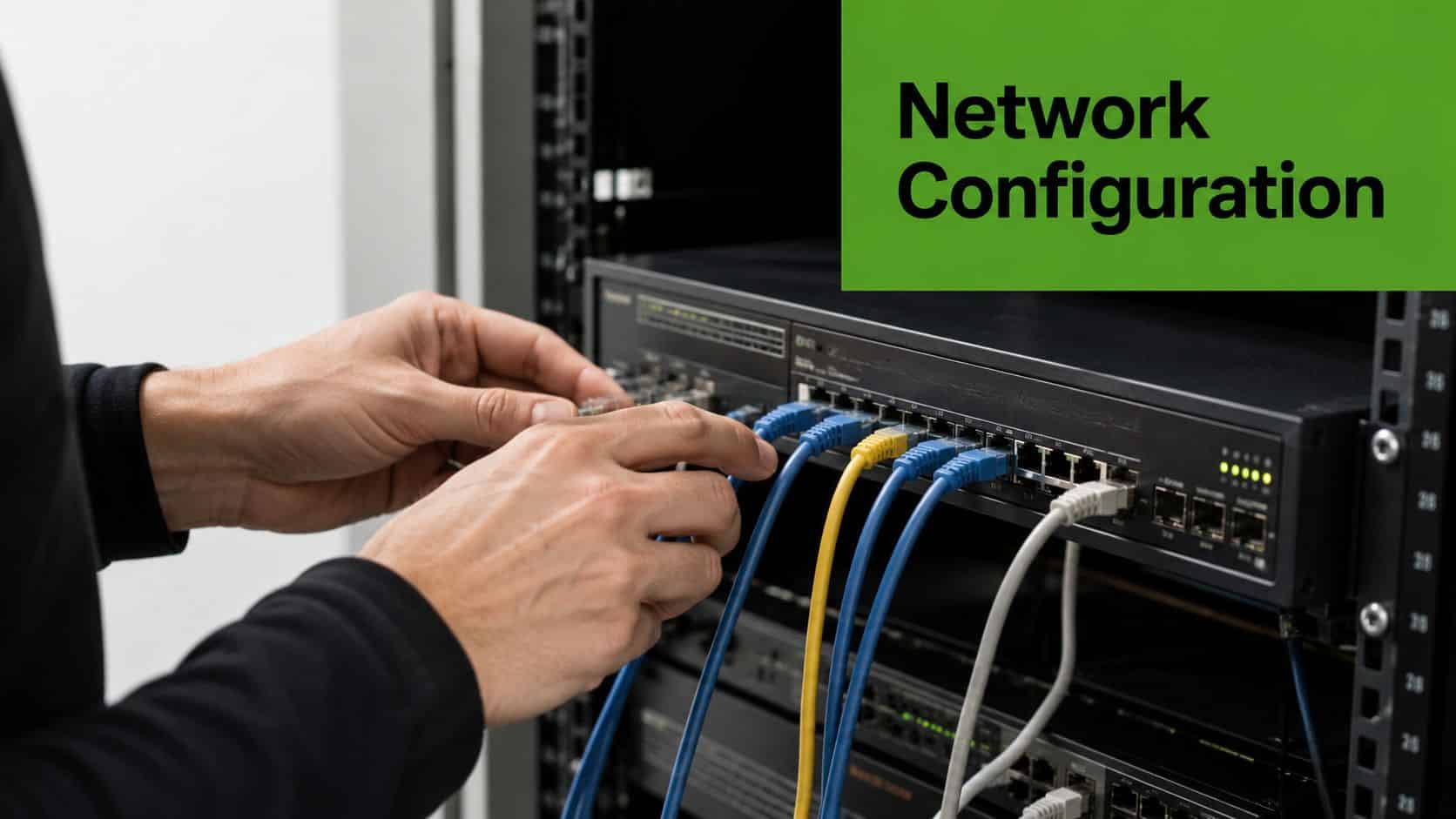 A technician connects ethernet cables into a network switch in a server rack for business network setup.