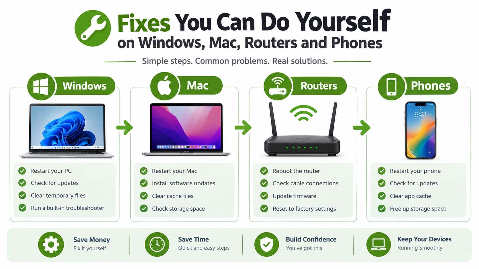 An infographic showing simple troubleshooting steps for Windows, Mac, routers, and phones to fix common technical issues.