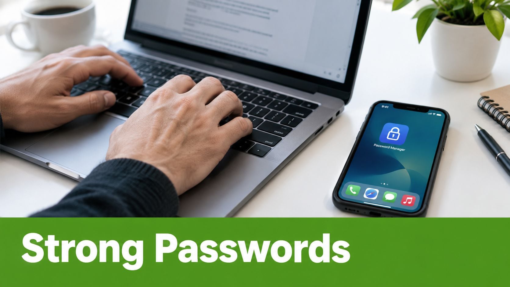 A person using a laptop with a smartphone displaying a password manager app nearby on a desk.