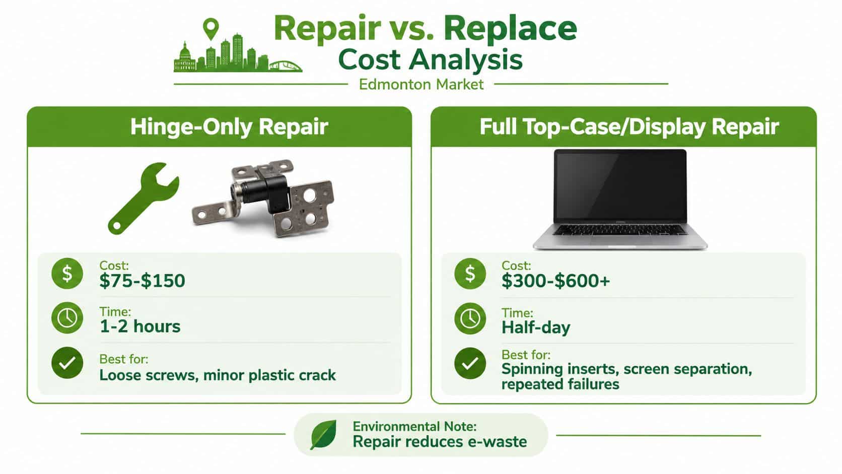 An infographic comparing the costs and time requirements for hinge-only laptop repairs versus full top-case display repairs.