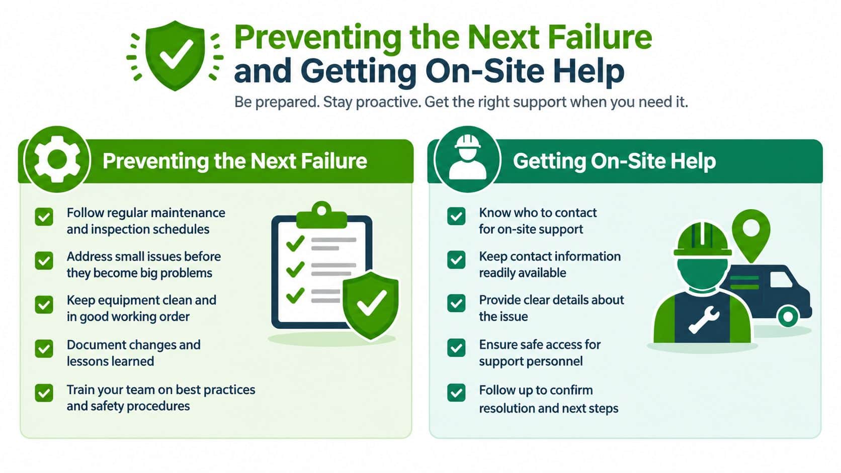 An infographic detailing proactive maintenance tips to prevent equipment failure and procedures for requesting professional on-site support.