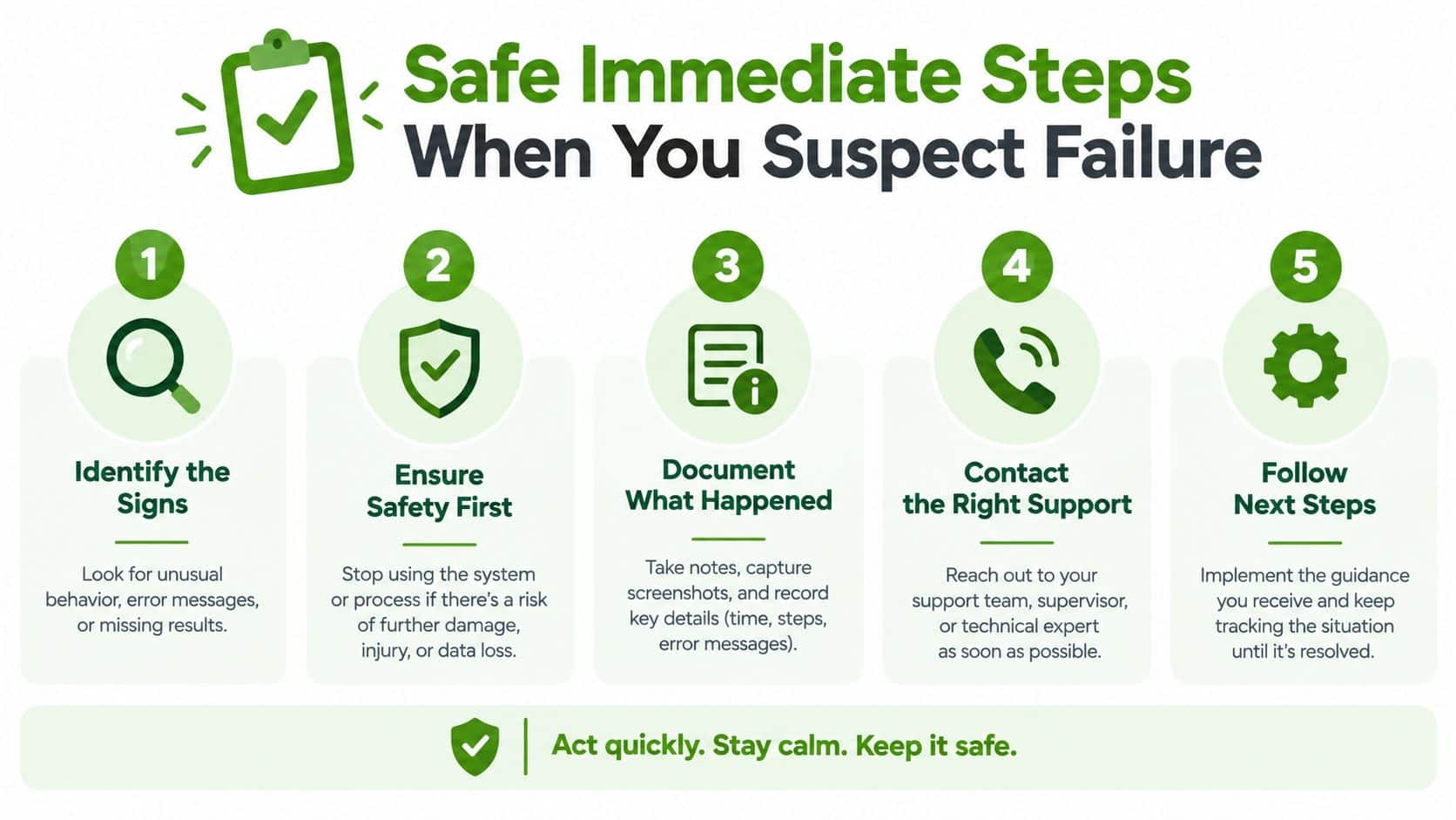 A five-step instructional graphic showing how to respond safely and effectively when you suspect system failure.