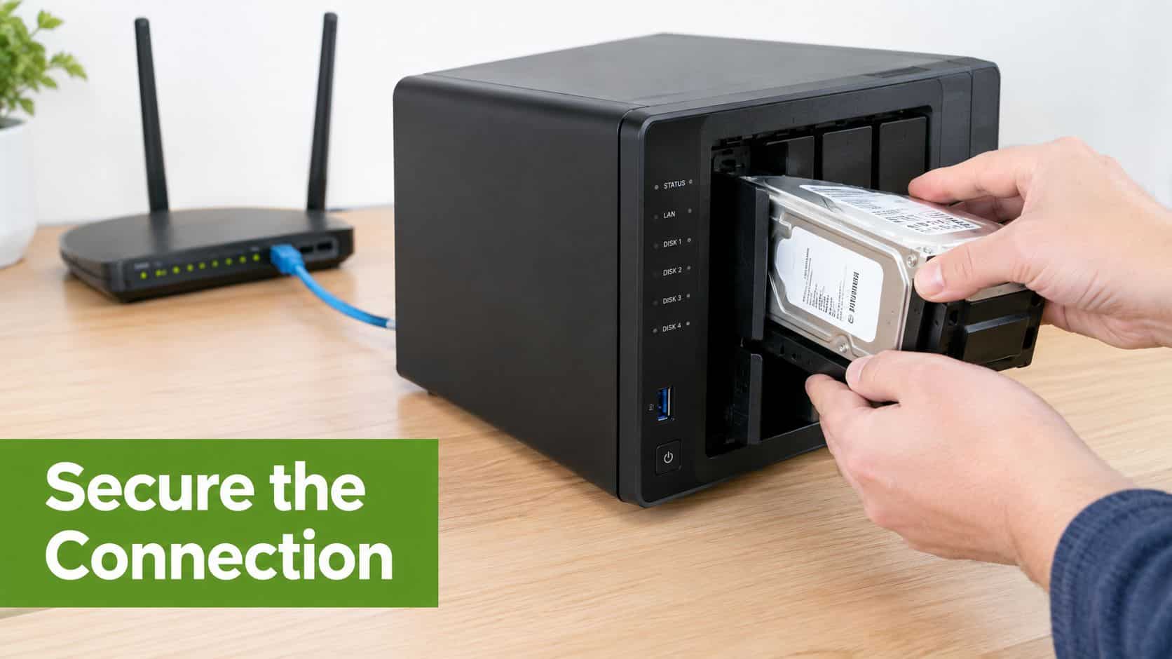 A person installs a hard drive into a black network attached storage device on a wooden desk.