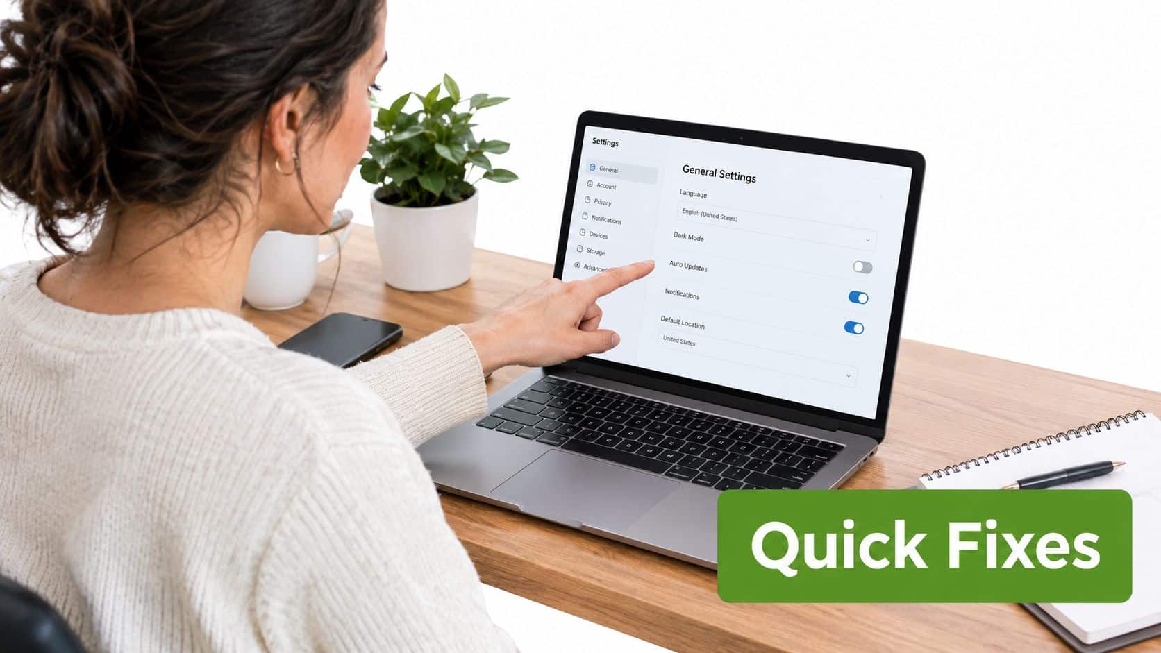 A woman pointing at the settings menu on a laptop screen while working at a wooden desk.