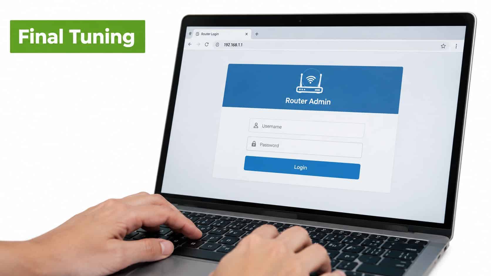 A person typing on a laptop displaying a router login page in a web browser interface.