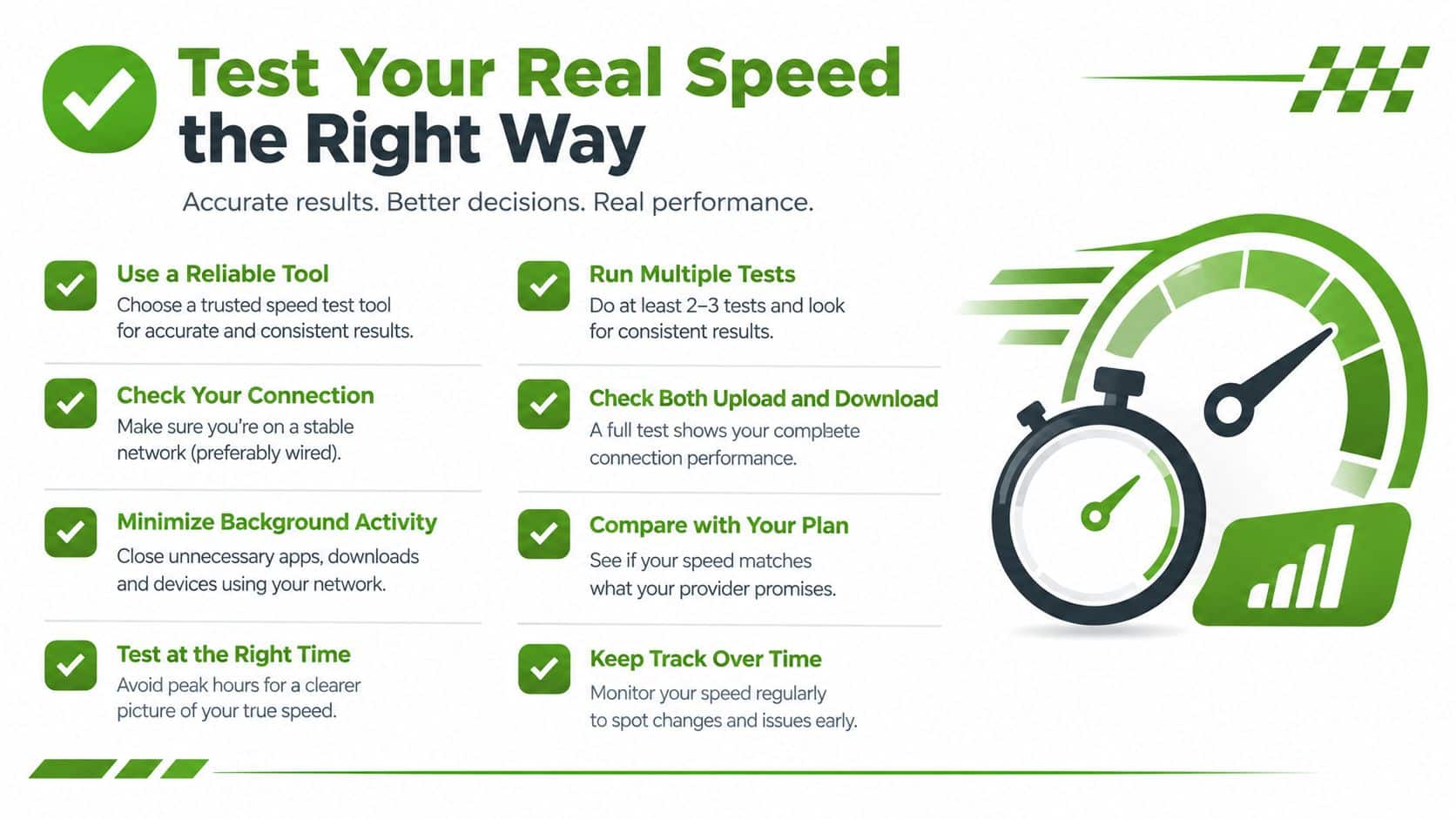 An infographic showing eight essential tips for performing an accurate internet speed test on your network.