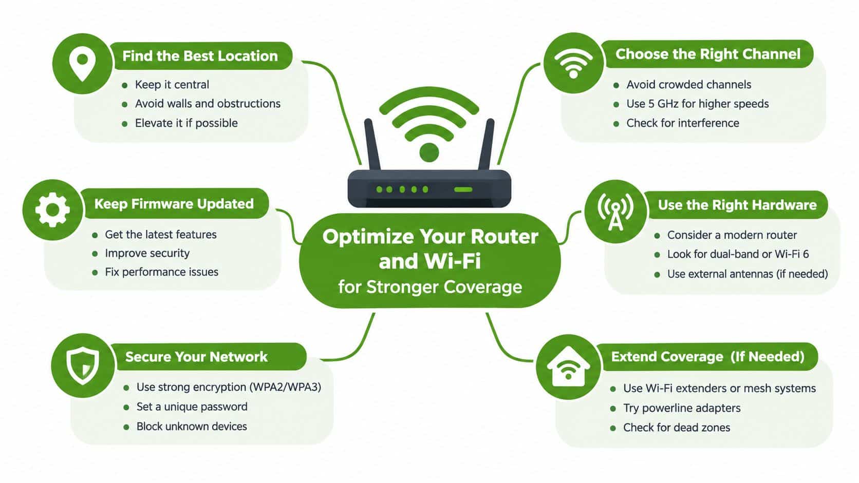 An infographic showing six essential tips for optimizing your wireless router to improve Wi-Fi performance.