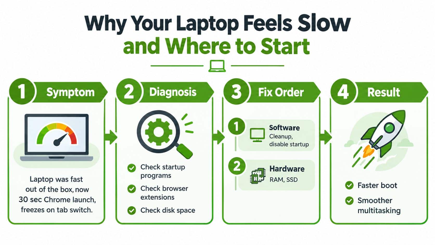 An infographic titled Why Your Laptop Feels Slow and Where to Start detailing diagnostic steps and solutions.