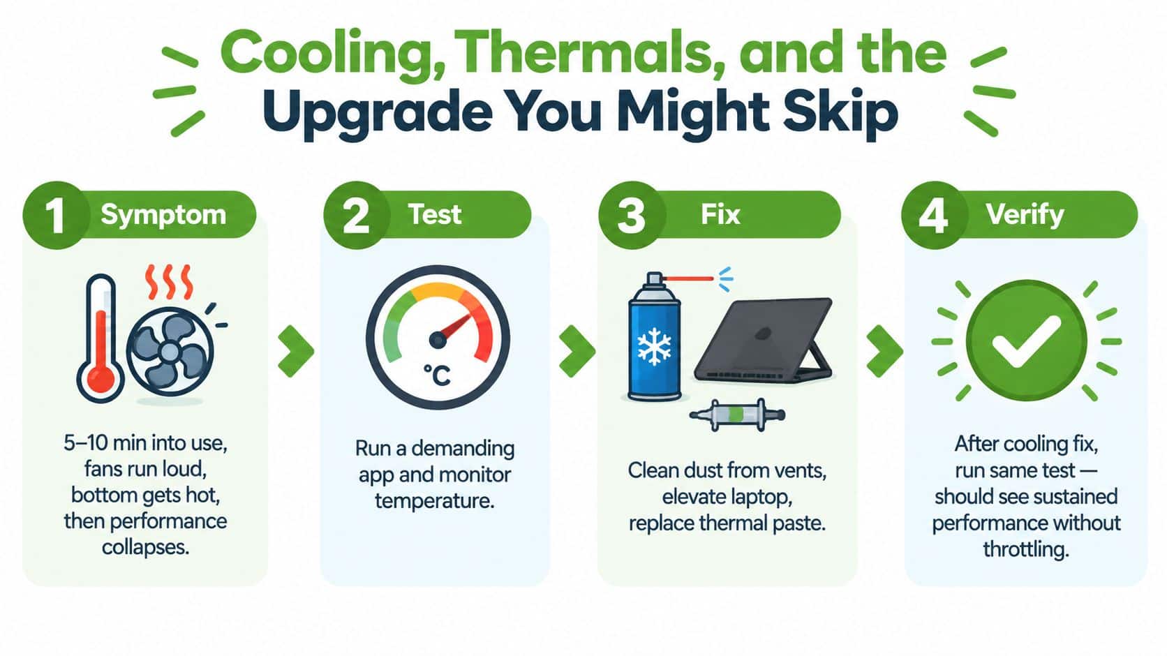 A four-step infographic illustrating how to diagnose and resolve laptop overheating and performance throttling issues.