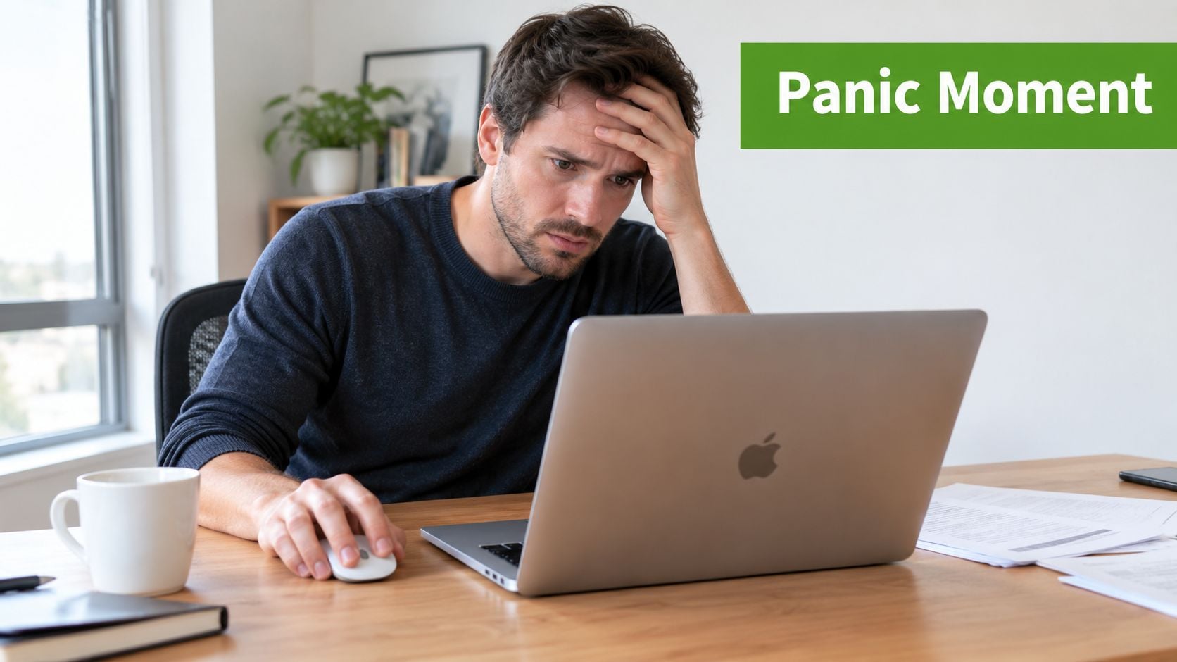 A concerned man sits at a desk, looking stressed while working on his silver Apple MacBook laptop.