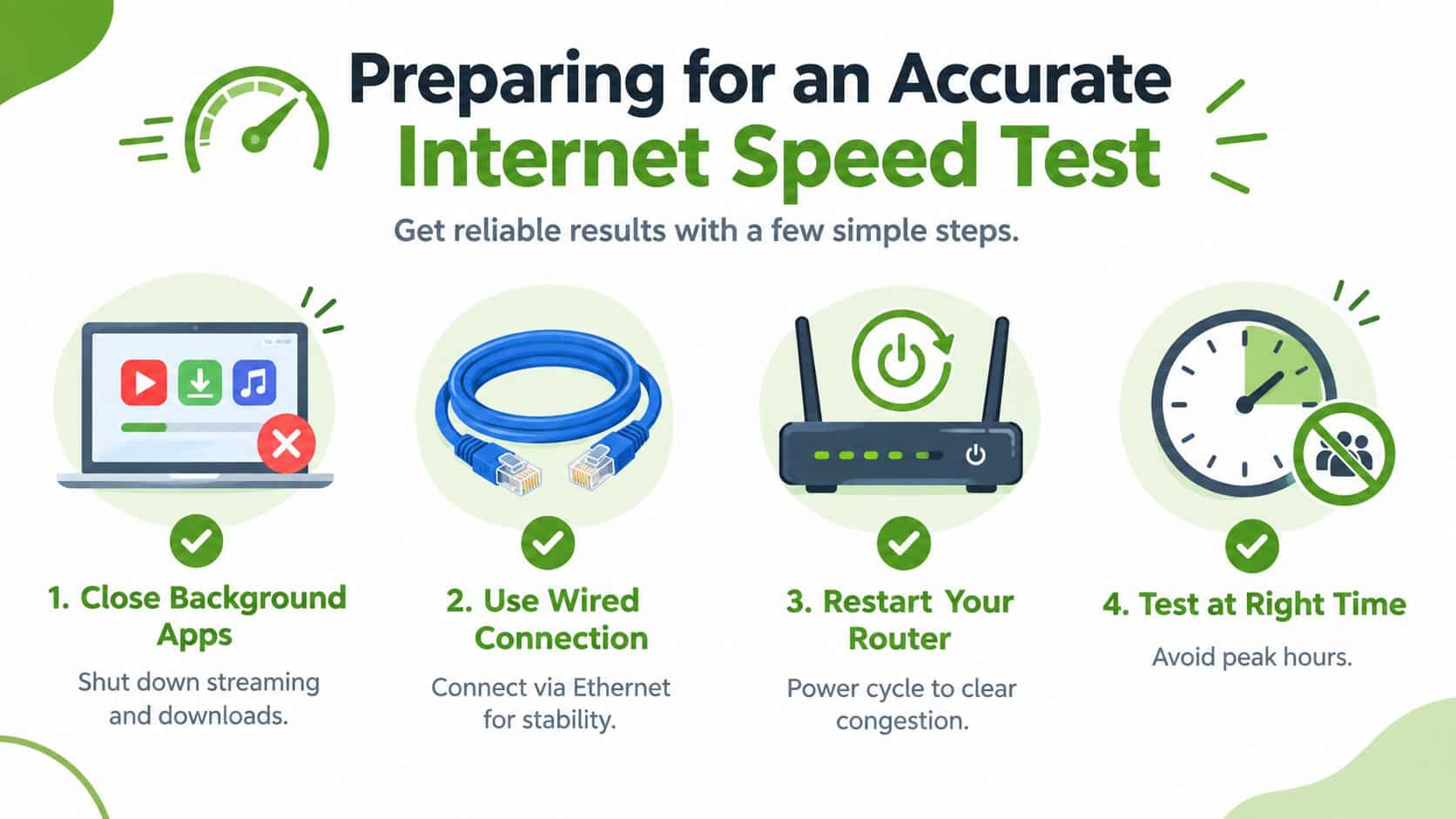 An infographic showing four steps to prepare for an accurate internet speed test on your computer.
