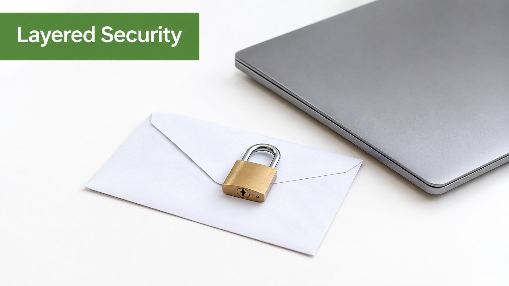 A metallic padlock sitting on top of a white envelope next to a modern silver laptop computer.