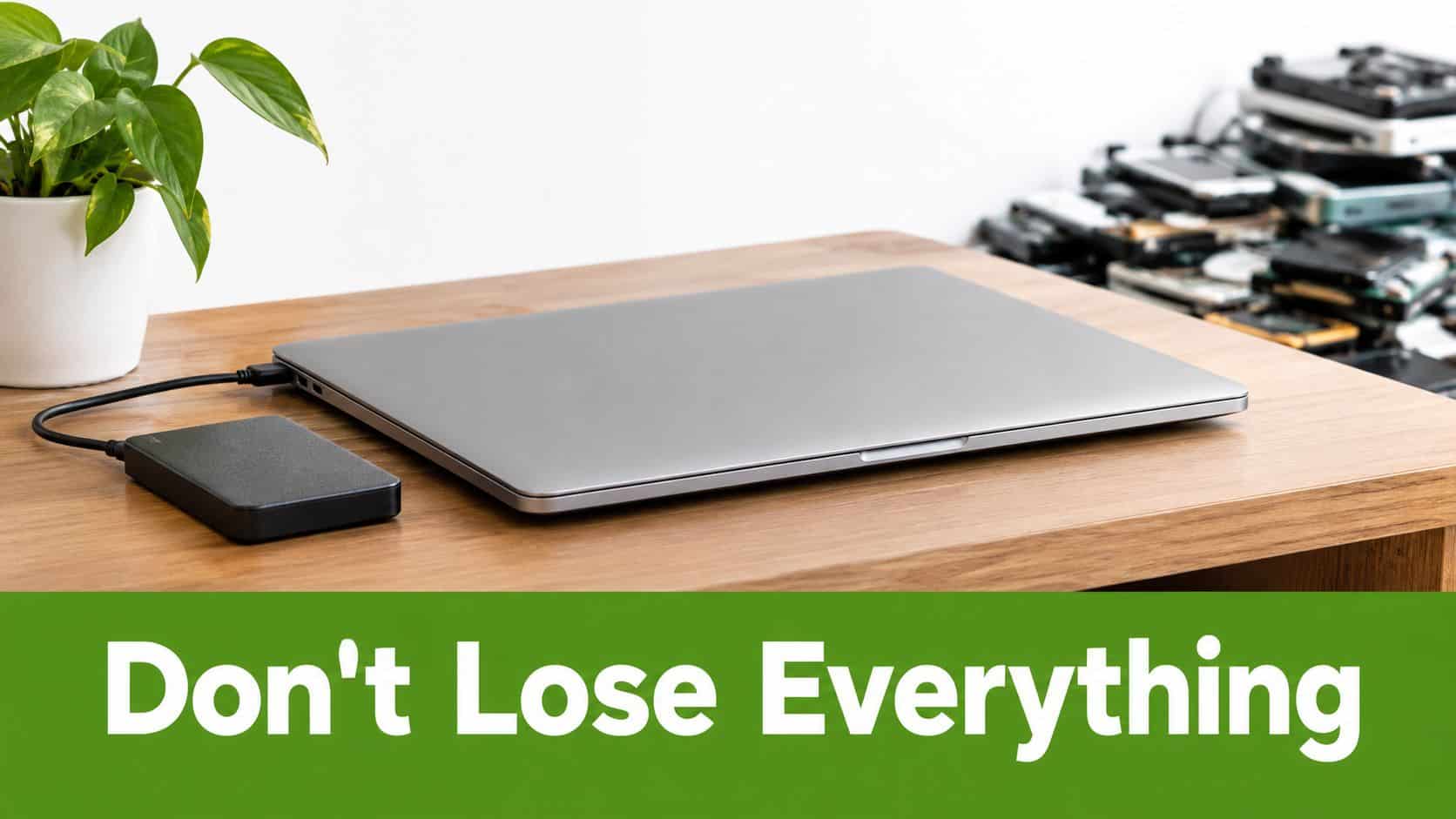 A silver laptop connected to an external hard drive on a wooden desk with a large plant.