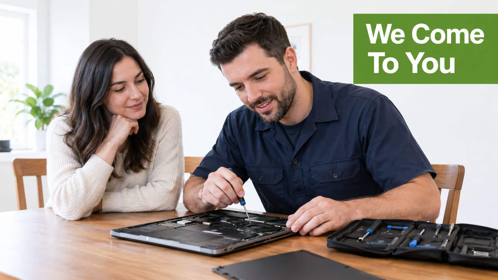 A professional technician repairs an open laptop on a wooden table while a woman watches attentively.