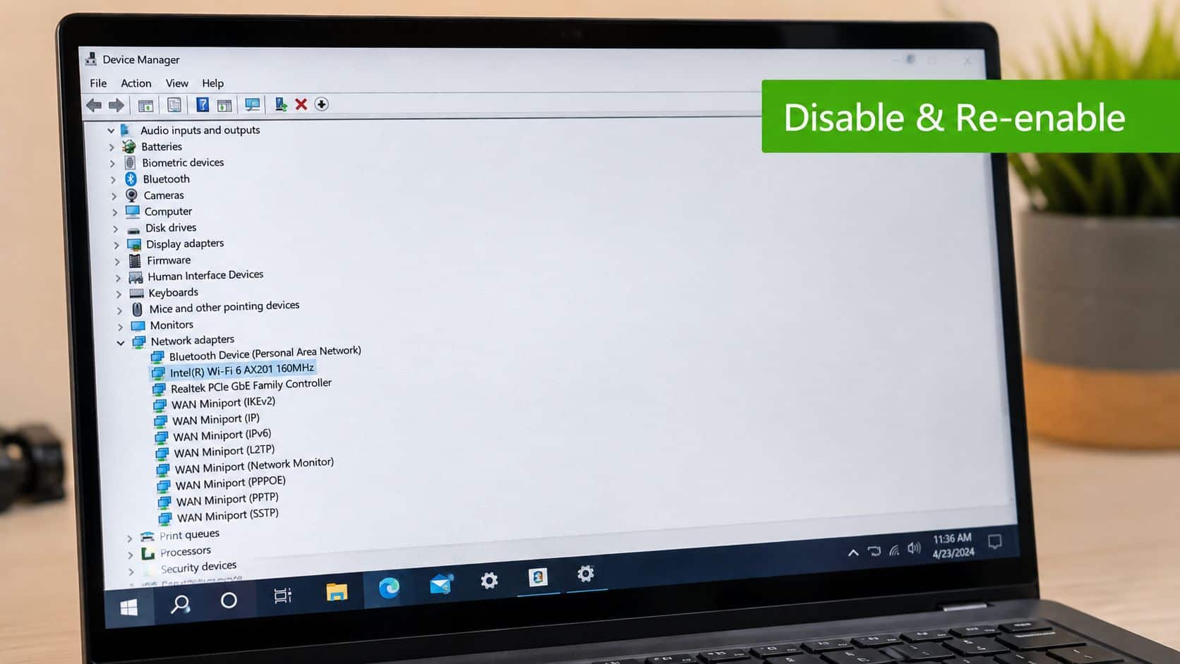 A Windows Device Manager screen showing selected Intel Wi-Fi network adapter settings for troubleshooting connectivity issues.