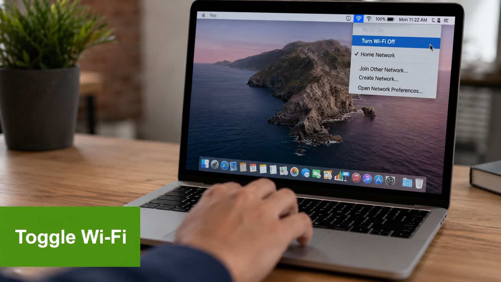 A user interacting with a MacBook laptop's Wi-Fi menu to toggle the wireless network connection off.
