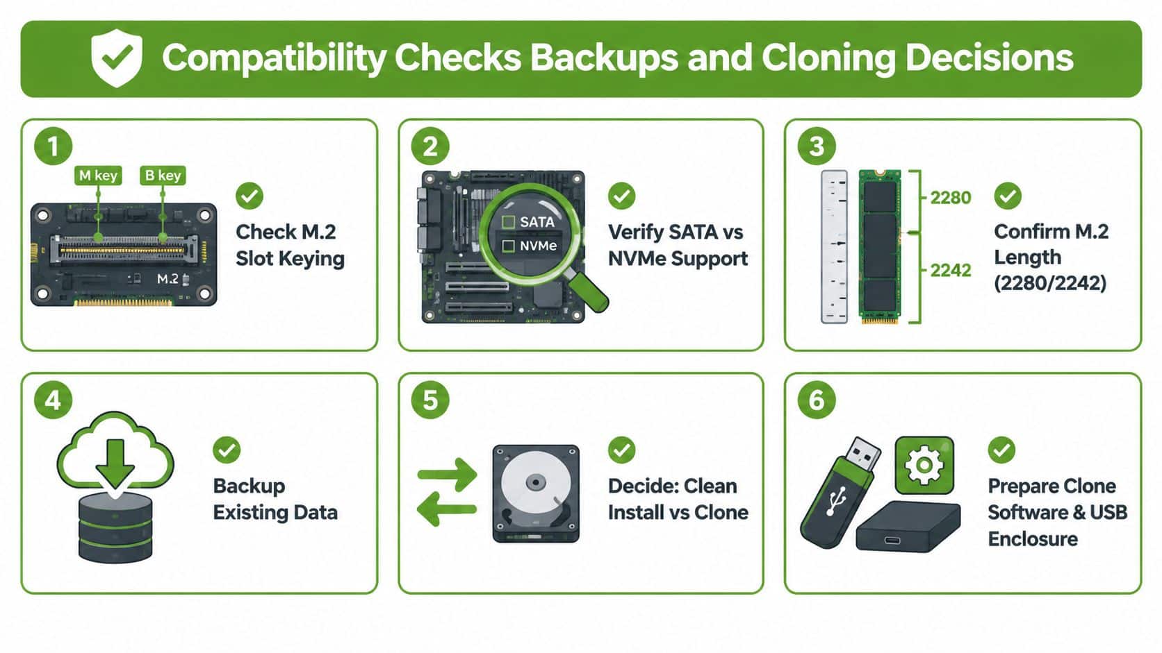 An infographic showing six steps for checking compatibility, backing up data, and planning an SSD upgrade.