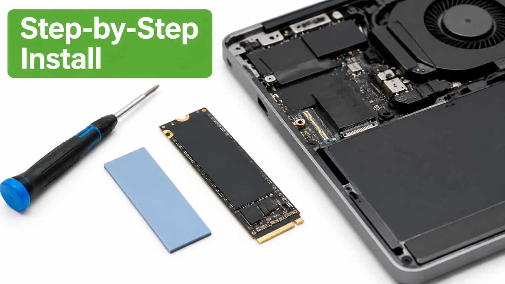 A screwdriver, thermal pad, and SSD ready for installation on an open laptop motherboard