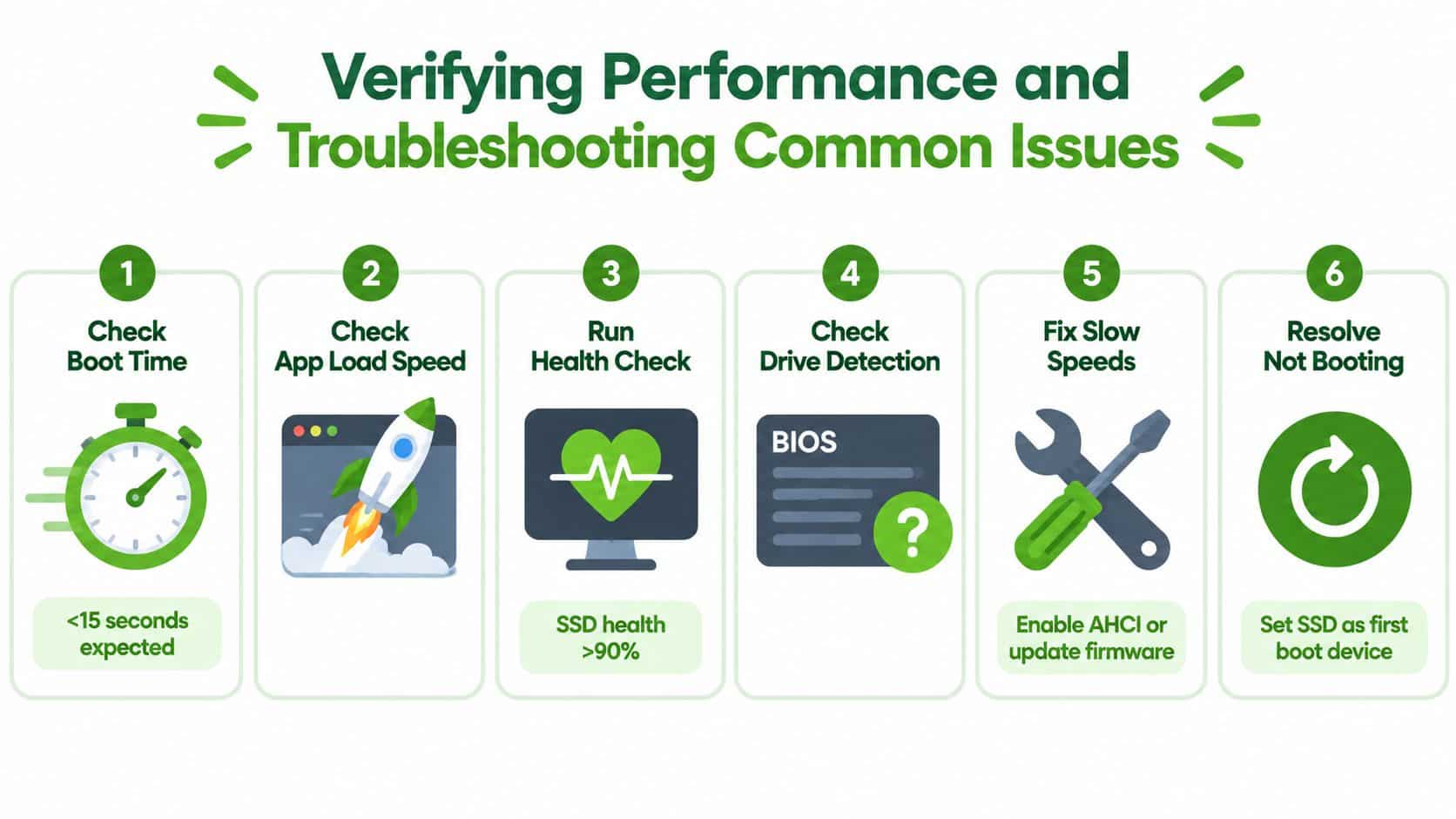 A six-step infographic guide for verifying SSD performance and troubleshooting common system issues for computer users.