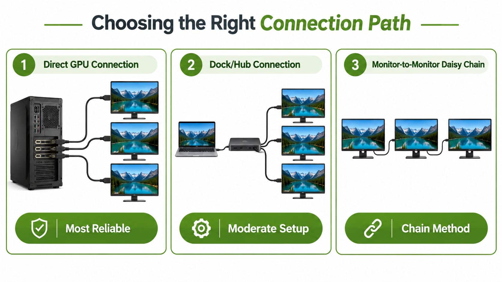 An infographic illustrating three different methods for setting up a triple monitor computer system.
