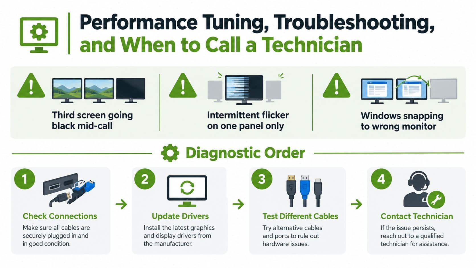 A diagnostic infographic explaining how to troubleshoot common technical problems in a triple monitor setup configuration.