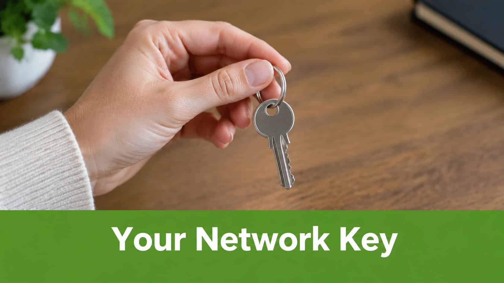 A close up view of a person holding a single metal key against a wooden table background.