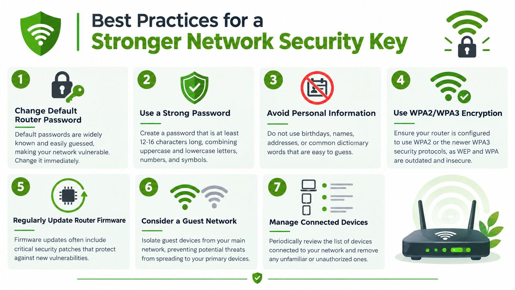 An infographic illustrating seven best practices to secure your Wi-Fi network and protect your home internet connection.