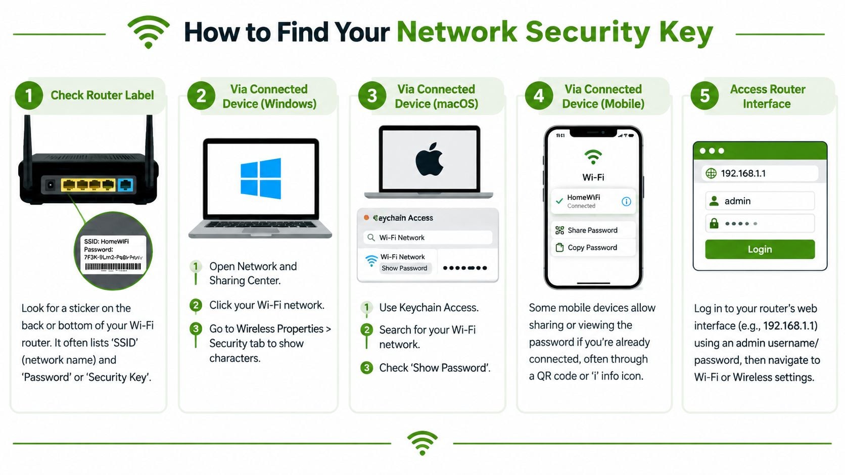 An infographic showing five simple methods to find your Wi-Fi network security key or password easily.